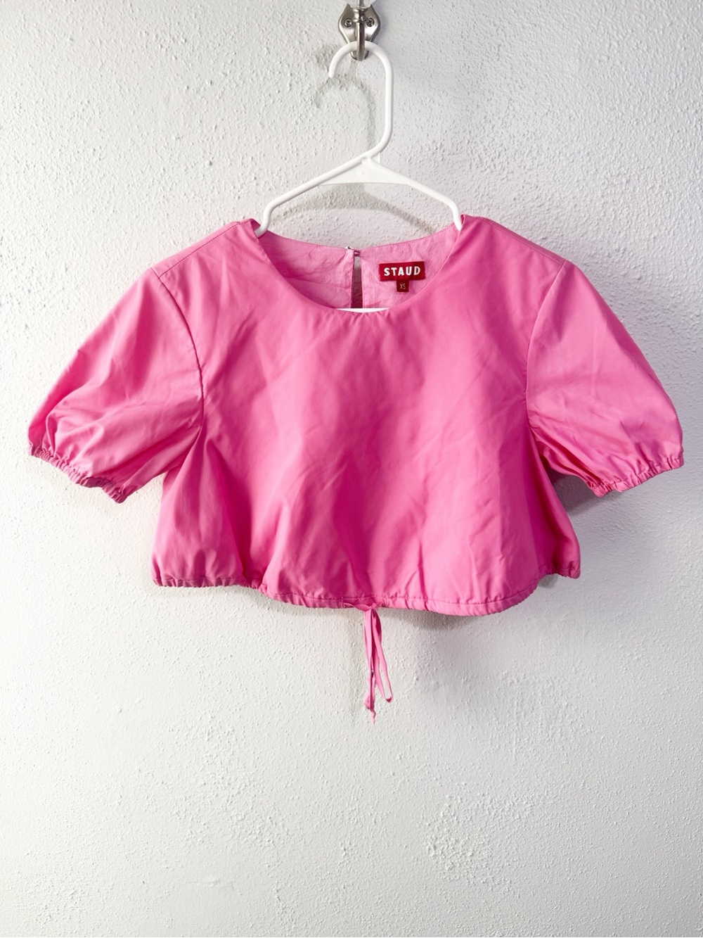 STAUD Prado Pink Puff Sleeve Drawstring Crop Top xs